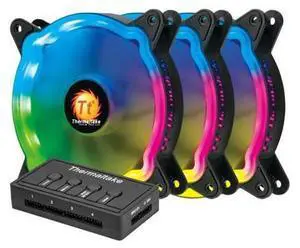 Thermaltake 120mm RGB Silent Case Fan with ARGB Controlling Hub Sync Lighting Effect 20 Lighting Modes 34.24 CFM 1300RPM, 3 Packs Thermaltake 120mm RGB Silent Case Fan with ARGB Controlling Hub Sync Lighting Effect 20 Lighting Modes 34.24 CFM 1300RPM, 3 Packs