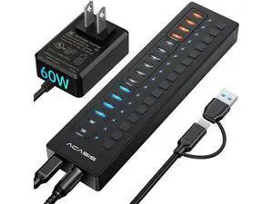 Powered USB Hub, ACASIS 16 Port 60W USB Hub 3.0 with 4*USB A Smart Charging, 2*USB C 3.0, 10*USB A, Wall Mountable USB Hub, Individual On/Off Switches, 12V/5A DC Power Adapter for Laptops, PC,DS516 Powered USB Hub, ACASIS 16 Port 60W USB Hub 3.0 with 4*USB A Smart Charging, 2*USB C 3.0, 10*USB A, Wall Mountable USB Hub, Individual On/Off Switches, 12V/5A DC Power Adapter for Laptops, PC,DS516