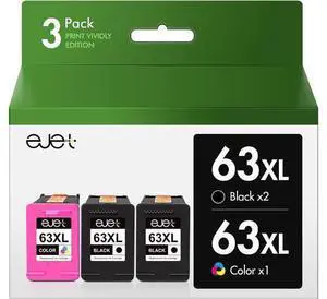 ejet 63XL Ink Cartridges Black and Color Replacement Ink 63 63XL 63 Ink Cartridges Printers OfficeJet 3830 4650 5255 Envy 4520 4512 Deskjet 1112 3634 5200, 2 Black, 1 Tri-Color. 3 Pack ejet 63XL Ink Cartridges Black and Color Replacement Ink 63 63XL 63 Ink Cartridges Printers OfficeJet 3830 4650 5255 Envy 4520 4512 Deskjet 1112 3634 5200, 2 Black, 1 Tri-Color. 3 Pack