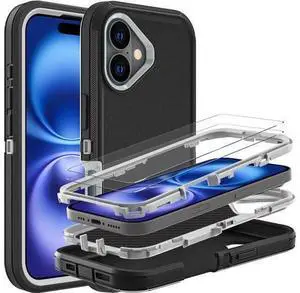 for iPhone 16 Case Military Grade 3 in 1 Heavy Duty Shockproof/Drop Proof/Dust Proof Case with 2Pcs Tempered Glass Screen Protector (Black/Grey) for iPhone 16 Case Military Grade 3 in 1 Heavy Duty Shockproof/Drop Proof/Dust Proof Case with 2Pcs Tempered Glass Screen Protector (Black/Grey)