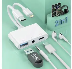 2-in-3 Lightning + USB C to 3.5mm Aux Audio Headphone Splitter Adapter Cable USB OTG Camera Adapter+3.5mm Jack+Type-C Earphone/Charge Port Phone Splitter for iPhone 15/14/13 iPad 2-in-3 Lightning + USB C to 3.5mm Aux Audio Headphone Splitter Adapter Cable USB OTG Camera Adapter+3.5mm Jack+Type-C Earphone/Charge Port Phone Splitter for iPhone 15/14/13 iPad