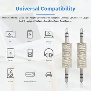 3.5mm Male to Male Audio Adapter, Metal Silver 3 Pole 3.5mm Stereo Jack Adapter Audio Headphone Jack Coupler Connectors - 2 Pack 3.5mm Male to Male Audio Adapter, Metal Silver 3 Pole 3.5mm Stereo Jack Adapter Audio Headphone Jack Coupler Connectors - 2 Pack