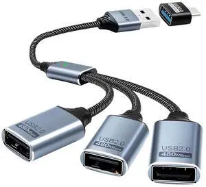 USB Splitter 1 to 3 with USB A to C Adapter, USB 2.0 Extension Cable 3 Port Hub for PC, MacBook, Laptop, Flash Drive, Keyboard 0.8FT/25cm-Grey USB Splitter 1 to 3 with USB A to C Adapter, USB 2.0 Extension Cable 3 Port Hub for PC, MacBook, Laptop, Flash Drive, Keyboard 0.8FT/25cm-Grey