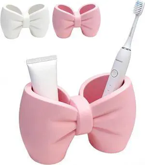 Plastic Bow Toothbrush Holder, 2-in-1 Countertop Pen Organizer, Nonslip Bathroom Accessory for Electric Toothbrush, Space-Saving Desk Decor for Home Office Dorm (Pink) Plastic Bow Toothbrush Holder, 2-in-1 Countertop Pen Organizer, Nonslip Bathroom Accessory for Electric Toothbrush, Space-Saving Desk Decor for Home Office Dorm (Pink)