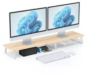 Large Dual Monitor Stand Riser - Monitor Stand for 2 Monitors, Wooden Computer Stand For Desk with Metal Legs, Desk Organizers and Storage With Drawer, Desk Shelf for Computer/Laptop/Printer/TV, Oak Large Dual Monitor Stand Riser - Monitor Stand for 2 Monitors, Wooden Computer Stand For Desk with Metal Legs, Desk Organizers and Storage With Drawer, Desk Shelf for Computer/Laptop/Printer/TV, Oak