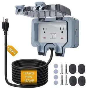 STARELO Outdoor Power Outlet with 20FT Extension Cord, IP66 Waterproof Outdoor Wall Power Socket with Cover, 125V 15Amp 2-Gang Switched Wall Plug Socket Box with Switch On-Off and LED Indicator STARELO Outdoor Power Outlet with 20FT Extension Cord, IP66 Waterproof Outdoor Wall Power Socket with Cover, 125V 15Amp 2-Gang Switched Wall Plug Socket Box with Switch On-Off and LED Indicator