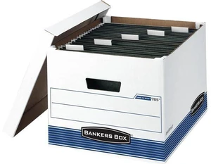 Bankers Box 4 Pack HANG'N'STOR Medium-Duty File Storage Boxes, FastFold, Lift-Off Lid, Letter/Legal, White/Blue Bankers Box 4 Pack HANG'N'STOR Medium-Duty File Storage Boxes, FastFold, Lift-Off Lid, Letter/Legal, White/Blue