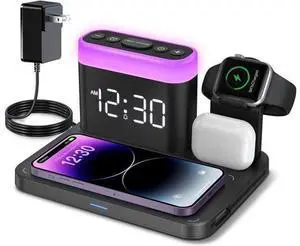Wireless Charging Station 5 in 1 Multiple Charger Stand with Alarm Clock 7 Night Light Mag-Safe Charging Dock for iPhone 17 16 15 14 13 12 Pro Max Plus Watch 11/10/9/8 for Airpods Bedroom Wireless Charging Station 5 in 1 Multiple Charger Stand with Alarm Clock 7 Night Light Mag-Safe Charging Dock for iPhone 17 16 15 14 13 12 Pro Max Plus Watch 11/10/9/8 for Airpods Bedroom