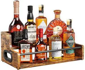 Liquor Bottle Display Shelf, Coffee Syrup Rack Organizer, 2 Step Countertop Liquor Wine Rack, mini bar,Liquor Cabinet, Home Retro Bar Shelf Stand for Liquor Whiskey, Spirits, Brown Liquor Bottle Display Shelf, Coffee Syrup Rack Organizer, 2 Step Countertop Liquor Wine Rack, mini bar,Liquor Cabinet, Home Retro Bar Shelf Stand for Liquor Whiskey, Spirits, Brown
