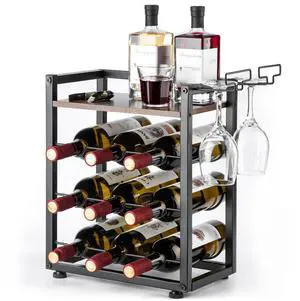 Wooden Countertop Wine Rack with Tray, Freestanding Wine Bottle Holder for 9 Bottles & 2 Glasses, Rustic Wine Stand for Home, Bar, Kitchen, Wine Cellar Wooden Countertop Wine Rack with Tray, Freestanding Wine Bottle Holder for 9 Bottles & 2 Glasses, Rustic Wine Stand for Home, Bar, Kitchen, Wine Cellar