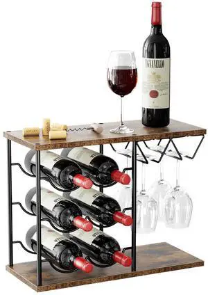 Wine Racks Countertop, Wine Bottle Holder for 6 Bottles & 4 Glasses Holder, Metal Wine Storage Organizer for Kitchen, Bar, Table, Cabinet, Wine Cellar, Wooden Wine Racks Countertop, Wine Bottle Holder for 6 Bottles & 4 Glasses Holder, Metal Wine Storage Organizer for Kitchen, Bar, Table, Cabinet, Wine Cellar, Wooden