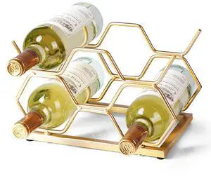 Countertop Wine Rack - 5 Bottle Freestanding Modern Gold Metal Small Wine Rack - Tabletop Wine Holder Stand for Cabinet, Pantry, Wine Bottle Storage Countertop Wine Rack - 5 Bottle Freestanding Modern Gold Metal Small Wine Rack - Tabletop Wine Holder Stand for Cabinet, Pantry, Wine Bottle Storage
