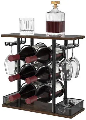 Countertop Wine Rack, 3 Tier Wood & Metal Small Wine Rack Up to Hold 6 Bottles and 4 Glasses, Wine Bottle Holder for Home Bar Tabletop Kitchen Cabinet, 6.29" D x 16.14" W x 15.82" H Countertop Wine Rack, 3 Tier Wood & Metal Small Wine Rack Up to Hold 6 Bottles and 4 Glasses, Wine Bottle Holder for Home Bar Tabletop Kitchen Cabinet, 6.29" D x 16.14" W x 15.82" H