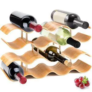 Bamboo Wine Rack - 4 Tier Countertop Shelf with Slots that Holds 14 Bottles, Unique Stackable Wooden Holder, Save Space for Cabinet, Kitchen and Pantry, Modern Contemporary Wave Design Bamboo Wine Rack - 4 Tier Countertop Shelf with Slots that Holds 14 Bottles, Unique Stackable Wooden Holder, Save Space for Cabinet, Kitchen and Pantry, Modern Contemporary Wave Design