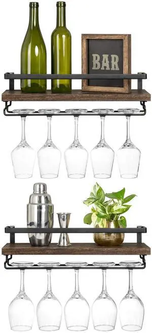 Wall Mounted Wine Rack Set of 2 Wood Rustic Wine Bottle Glass Floating Shelves with Stemware Hanger Modern Plants Photos Wine Display Storage Holder for Kitchen Dining Room Bar, 17 Inch Wall Mounted Wine Rack Set of 2 Wood Rustic Wine Bottle Glass Floating Shelves with Stemware Hanger Modern Plants Photos Wine Display Storage Holder for Kitchen Dining Room Bar, 17 Inch