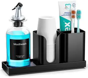 Glass Mouthwash Dispenser with Toothbrush Holders, 11.8Oz Mouth Wash Bottle Container with Cup Holder, Funnel, Labels, and Drying Stone Tray, Bathroom Decor Accessories Set, Black Glass Mouthwash Dispenser with Toothbrush Holders, 11.8Oz Mouth Wash Bottle Container with Cup Holder, Funnel, Labels, and Drying Stone Tray, Bathroom Decor Accessories Set, Black