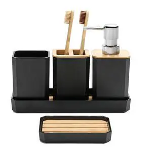 Bathroom Accessories Set,5 Pcs Bathroom Accessory Gift Set, Soap Dispenser, Soap Dish, Toothbrush Holder, Toothbrush Cup, Vanity Tray, Boho, Modern Bathroom Decor (Black) Bathroom Accessories Set,5 Pcs Bathroom Accessory Gift Set, Soap Dispenser, Soap Dish, Toothbrush Holder, Toothbrush Cup, Vanity Tray, Boho, Modern Bathroom Decor (Black)