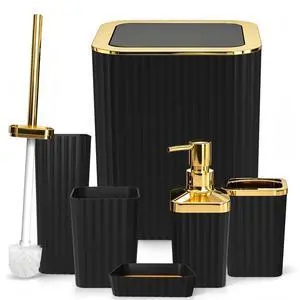 Bathroom Accessory Set, 6-Pcs Black Bathroom Accessory Set with Trash Can, Soap Dispenser, Toothbrush Holder & Cup, Soap Dish,Toilet Brush Modern Bathroom Organizer for Housewarming Bathroom Accessory Set, 6-Pcs Black Bathroom Accessory Set with Trash Can, Soap Dispenser, Toothbrush Holder & Cup, Soap Dish,Toilet Brush Modern Bathroom Organizer for Housewarming