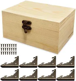 6.7"x5.1"x3.1" Unfinished Unpainted Wooden Box with Hinged Lid for Crafts DIY, Storage Jewelry Plain Pine Box with 4 Pcs Retro Style Decorative Corner Protectors 6.7"x5.1"x3.1" Unfinished Unpainted Wooden Box with Hinged Lid for Crafts DIY, Storage Jewelry Plain Pine Box with 4 Pcs Retro Style Decorative Corner Protectors