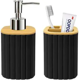Plastic Bathroom Accessories Set, 2 PCS Bamboo Bathroom Sets Accessories, Soap Dispenser and Toothbrush Holder Set, Bathroom Set Striped (Black) Plastic Bathroom Accessories Set, 2 PCS Bamboo Bathroom Sets Accessories, Soap Dispenser and Toothbrush Holder Set, Bathroom Set Striped (Black)