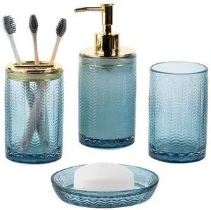 4 Pcs Glass Bathroom Accessories Set with Toothbrush Holder, Soap Dish, Pump Dispenser, Tumbler Cup, Blue Bathroom Decor, Modern Embossed Chevron Design 4 Pcs Glass Bathroom Accessories Set with Toothbrush Holder, Soap Dish, Pump Dispenser, Tumbler Cup, Blue Bathroom Decor, Modern Embossed Chevron Design