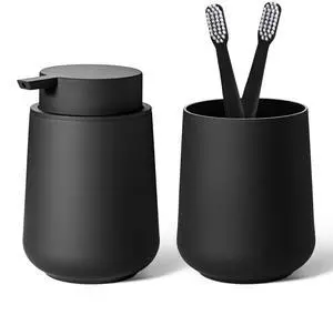 Matte Black Bathroom Accessories Set Plastic Hand Soap Dispenser and Toothbrush Holders 2 Piece Matte Black Bathroom Accessories Set Plastic Hand Soap Dispenser and Toothbrush Holders 2 Piece