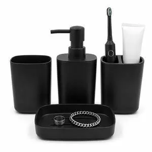 Matte Black Bathroom Decor Set 4-Piece Modern Bathroom Accessories Set with Soap Dispenser, Toothbrush Holder, Rinse Cup & Soap Dish. Stylish Countertop Organizer for Home Bathroom Decor Matte Black Bathroom Decor Set 4-Piece Modern Bathroom Accessories Set with Soap Dispenser, Toothbrush Holder, Rinse Cup & Soap Dish. Stylish Countertop Organizer for Home Bathroom Decor