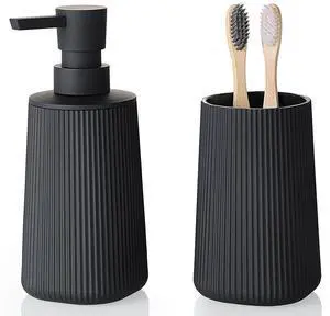 Bathroom Accessories Set 2 Piece Soap Dispenser and Toothbrush Holder for Bathroom Countertop Striped Black Bathroom Accessories Set 2 Piece Soap Dispenser and Toothbrush Holder for Bathroom Countertop Striped Black