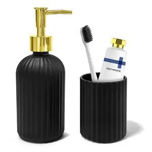 2 PCS Glass Bathroom Accessories Set, Glass Bathroom Set, Soap Dispenser and Toothbrush Holder Set, Vintage Bathroom DecorBlack 2 PCS Glass Bathroom Accessories Set, Glass Bathroom Set, Soap Dispenser and Toothbrush Holder Set, Vintage Bathroom DecorBlack