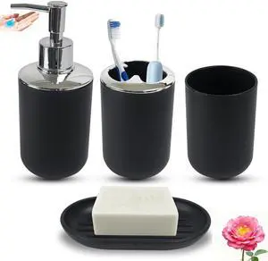 Matte Black Bathroom Accessories Set, 4 Piece Plastic Bathroom Toothbrush Holder Set, Include Soap Dispenser, Toothbrush Holder, Rinse Cup, Soap Dish, Boho Black Bathroom Decor for Home, Bathroom Set Matte Black Bathroom Accessories Set, 4 Piece Plastic Bathroom Toothbrush Holder Set, Include Soap Dispenser, Toothbrush Holder, Rinse Cup, Soap Dish, Boho Black Bathroom Decor for Home, Bathroom Set