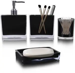 4-Piece Sleek Black Acrylic Bathroom Accessories Set Soap Dispenser, Toothbrush Holder, Soap Dish & Mouthwash Cup, Vanity Countertop Organizer for Modern Black Bathroom Decor 4-Piece Sleek Black Acrylic Bathroom Accessories Set Soap Dispenser, Toothbrush Holder, Soap Dish & Mouthwash Cup, Vanity Countertop Organizer for Modern Black Bathroom Decor