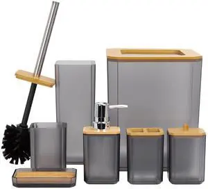 Bathroom Accessories Set 7 Piece Bath Ensemble Includes Soap Dispenser, Toothbrush Holder, Toothbrush Cup, Soap Dish for Decorative Countertop and Housewarming Gift (Gray) Bathroom Accessories Set 7 Piece Bath Ensemble Includes Soap Dispenser, Toothbrush Holder, Toothbrush Cup, Soap Dish for Decorative Countertop and Housewarming Gift (Gray)