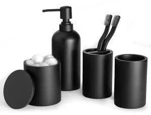 Bathroom Accessory Set - 4 Pcs Matte Black Bathroom Set with Toothbrush Holder, Soap Dispenser, Tumbler & Cotton Swab Jar - Bathroom Vanity Countertop Organizer, Bathroom Decor Sets Bathroom Accessory Set - 4 Pcs Matte Black Bathroom Set with Toothbrush Holder, Soap Dispenser, Tumbler & Cotton Swab Jar - Bathroom Vanity Countertop Organizer, Bathroom Decor Sets