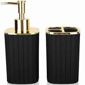 Bathroom Accessories Set 2 Pcs, Black Plastic Bathroom Set with Gold Color Cover Include Toothbrush Holder, Soap Dispenser, Bathroom Sets Accessories for Bathroom Decor Bathroom Accessories Set 2 Pcs, Black Plastic Bathroom Set with Gold Color Cover Include Toothbrush Holder, Soap Dispenser, Bathroom Sets Accessories for Bathroom Decor