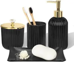 Designer Black Glass Bathroom Accessories Sets - 4 Pcs with Lotion Soap Dispenser, Bathroom Toothbrush Holder, Vanity Tray, and Apothecary Jar, Vintage Bathroom Decor, Gift Countertop Organizer Designer Black Glass Bathroom Accessories Sets - 4 Pcs with Lotion Soap Dispenser, Bathroom Toothbrush Holder, Vanity Tray, and Apothecary Jar, Vintage Bathroom Decor, Gift Countertop Organizer