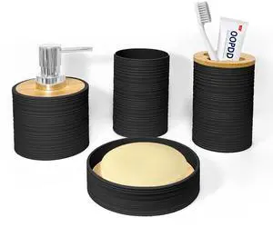 Bathroom Accessories Set 4 PCS, Bathroom Sets Accessories, Bamboo Bathroom Accessory Set Includes Soap Dish, Soap Dispenser, Toothbrush Holder, Toothbrush Cup, Boho Bath Decor(Black) Bathroom Accessories Set 4 PCS, Bathroom Sets Accessories, Bamboo Bathroom Accessory Set Includes Soap Dish, Soap Dispenser, Toothbrush Holder, Toothbrush Cup, Boho Bath Decor(Black)