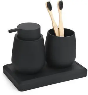 Black Bathroom Accessories Set, Modern 3 Pcs Bathroom Essentials - Soap Dispenser, Toothbrush Holder & Tray, Countertop Vanity Organizer (Black) Black Bathroom Accessories Set, Modern 3 Pcs Bathroom Essentials - Soap Dispenser, Toothbrush Holder & Tray, Countertop Vanity Organizer (Black)