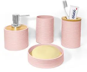 Bathroom Accessories Set 4 PCS, Bathroom Sets Accessories, Bamboo Bathroom Accessory Set Includes Soap Dish, Soap Dispenser, Toothbrush Holder, Toothbrush Cup, Boho Bath Decor(Light Pink) Bathroom Accessories Set 4 PCS, Bathroom Sets Accessories, Bamboo Bathroom Accessory Set Includes Soap Dish, Soap Dispenser, Toothbrush Holder, Toothbrush Cup, Boho Bath Decor(Light Pink)