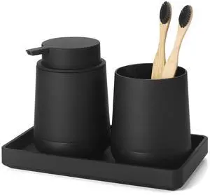 Black Bathroom Countertop Accessories Set - Soap Dispenser and Toothbrush Holder with Silicone Boot,Vanity Tray (Black Liquid) Black Bathroom Countertop Accessories Set - Soap Dispenser and Toothbrush Holder with Silicone Boot,Vanity Tray (Black Liquid)