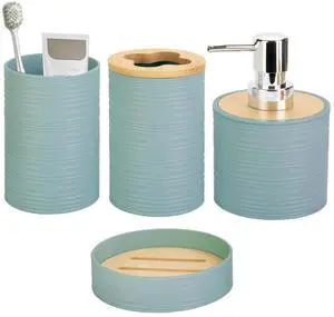 4 Pieces Bamboo Bathroom Accessories Set, Bathroom Accessory Set with Soap Dispenser and Toothbrush Holder, Soap Dish and Toothbrush Cup, Boho Bathroom Decor(Aqua) 4 Pieces Bamboo Bathroom Accessories Set, Bathroom Accessory Set with Soap Dispenser and Toothbrush Holder, Soap Dish and Toothbrush Cup, Boho Bathroom Decor(Aqua)