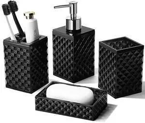 Black Bathroom Accessories Set, 4 Pack Matte Black Bath Accessory Sets Complete, Acrylic Soap Dispenser and Toothbrush Holder Set for Bathroom Counter Sink, Modern Bathroom Decor Black Bathroom Accessories Set, 4 Pack Matte Black Bath Accessory Sets Complete, Acrylic Soap Dispenser and Toothbrush Holder Set for Bathroom Counter Sink, Modern Bathroom Decor