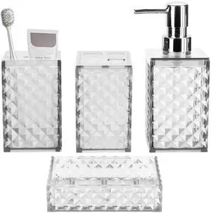 Bathroom Accessory Set, Grid Pattern 4 Pcs Plastic Bathroom Set Include Soap Dispenser, Soap Dish, Toothbrush Holder, Mousewash Cup, Modern Bahtroom Décor Set(White) Bathroom Accessory Set, Grid Pattern 4 Pcs Plastic Bathroom Set Include Soap Dispenser, Soap Dish, Toothbrush Holder, Mousewash Cup, Modern Bahtroom Décor Set(White)
