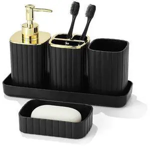 Bathroom Accessory Set 5 Pcs, Plastic Bathroom Set with Gold Cover Include Soap Dish, Toothbrush Holder, Mousewash Cup, Soap Dispenser, Vanity Tray, Bathroom Decor, Bathroom Sets Accessories Bathroom Accessory Set 5 Pcs, Plastic Bathroom Set with Gold Cover Include Soap Dish, Toothbrush Holder, Mousewash Cup, Soap Dispenser, Vanity Tray, Bathroom Decor, Bathroom Sets Accessories