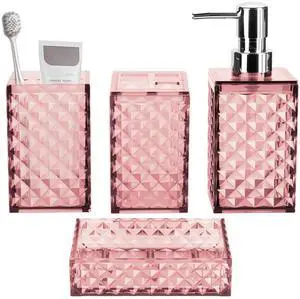 Bathroom Accessory Set, Grid Pattern 4 Pcs Plastic Bathroom Set Include Soap Dispenser, Soap Dish, Toothbrush Holder, Mousewash Cup, Modern Bahtroom Décor Set(Pink) Bathroom Accessory Set, Grid Pattern 4 Pcs Plastic Bathroom Set Include Soap Dispenser, Soap Dish, Toothbrush Holder, Mousewash Cup, Modern Bahtroom Décor Set(Pink)