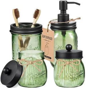 4PCS Bathroom Accessories Set (Lotion Soap Dispenser, Toothbrush Holder, 2 Qtip Holders), Rustic Farmhouse Decor, Green Glass Organizer for Countertop & Vanity, Bathroom Essentials, Black 4PCS Bathroom Accessories Set (Lotion Soap Dispenser, Toothbrush Holder, 2 Qtip Holders), Rustic Farmhouse Decor, Green Glass Organizer for Countertop & Vanity, Bathroom Essentials, Black