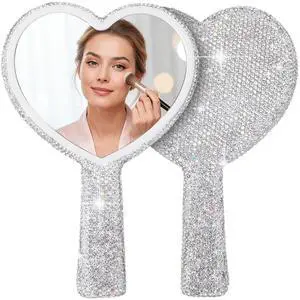 Rhinestone Heart Shaped Handheld Mirror - Sparkling Cosmetic Mirror with Handle, Portable for Travel, Wedding & Daily Makeup Application, Silver Rhinestone Heart Shaped Handheld Mirror - Sparkling Cosmetic Mirror with Handle, Portable for Travel, Wedding & Daily Makeup Application, Silver