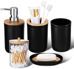 Bathroom Accessories Set 5Piece Black Bathroom Sets, Toothbrush Holder, Toothbrush Cup, Lotion Soap Dispenser, Soap Dish and Qtip Holder Bathroom Decor Bathroom Accessories Set 5Piece Black Bathroom Sets, Toothbrush Holder, Toothbrush Cup, Lotion Soap Dispenser, Soap Dish and Qtip Holder Bathroom Decor