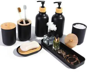 Matte Black Bathroom Accessories Set 7 Pcs,Bamboo Bathroom Accessories Sets,Black Soap Dispenser and Toothbrush Holder Set,Qtip Holder,Vanity Tray,Soap Dish,Modern Bathroom Decor Matte Black Bathroom Accessories Set 7 Pcs,Bamboo Bathroom Accessories Sets,Black Soap Dispenser and Toothbrush Holder Set,Qtip Holder,Vanity Tray,Soap Dish,Modern Bathroom Decor
