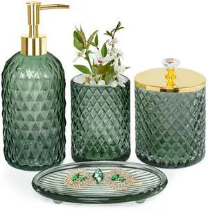 Bathroom Accessories Set, 4Pcs Sage Green Glass Bathroom Set Complete w/Bathroom Soap Dispenser Set, Toothbrush Holder, Qtip Holder, Soap Dish, Green Bathroom Decor, Gift for Home Apartment Bathroom Accessories Set, 4Pcs Sage Green Glass Bathroom Set Complete w/Bathroom Soap Dispenser Set, Toothbrush Holder, Qtip Holder, Soap Dish, Green Bathroom Decor, Gift for Home Apartment