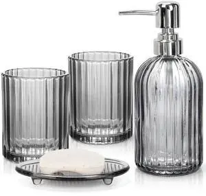 Bathroom Accessories Set, 4Pcs Black Grey Glass Bathroom Accessories Sets Complete Lotion Soap Dispenser, Toothbrush Holder, Mouthwash Cup, Soap Dish for Bathroom Decor, Countertop Organizer Bathroom Accessories Set, 4Pcs Black Grey Glass Bathroom Accessories Sets Complete Lotion Soap Dispenser, Toothbrush Holder, Mouthwash Cup, Soap Dish for Bathroom Decor, Countertop Organizer